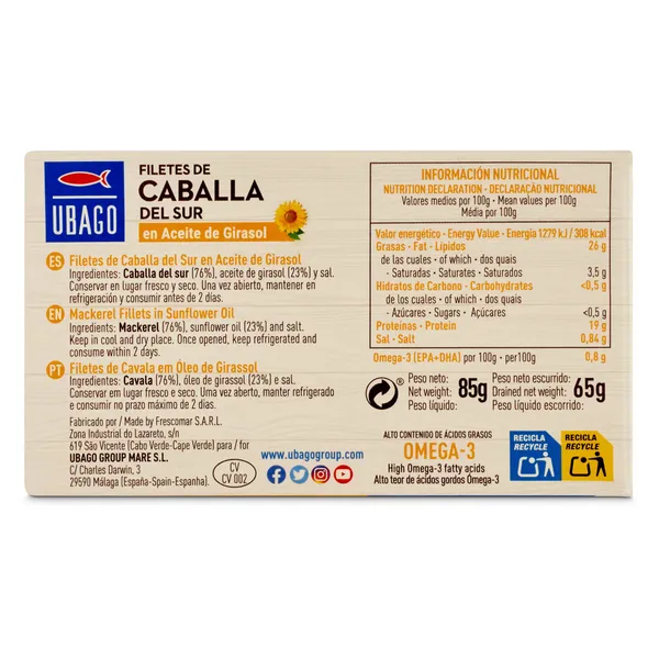 Filetes de caballa del sur en aceite de girasol Ubago lata 65 g 3