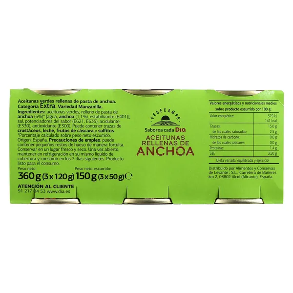 Aceitunas rellenas de anchoa Dia Vegecampo 3 x 50 g 4