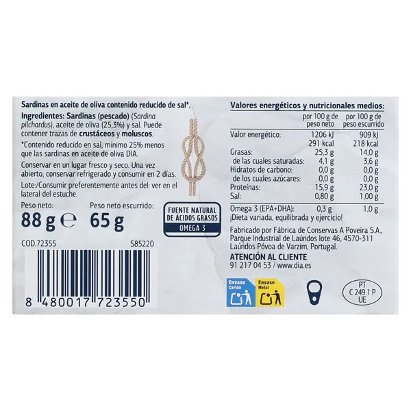 Sardinillas en aceite de oliva reducido en sal Dia Mari Marinera 65 g 4