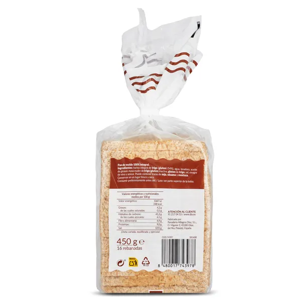 Pan de molde trigo integral sin corteza El Molino de Dia 450 g 3