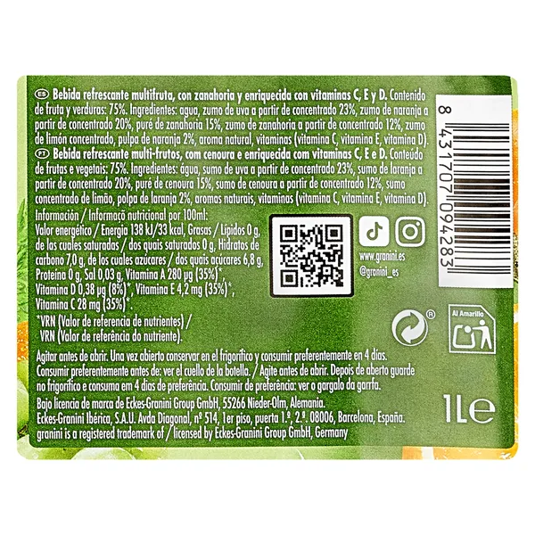 Bebida de zumo de naranja, zanahoria y uva Granini botella 1 L 3