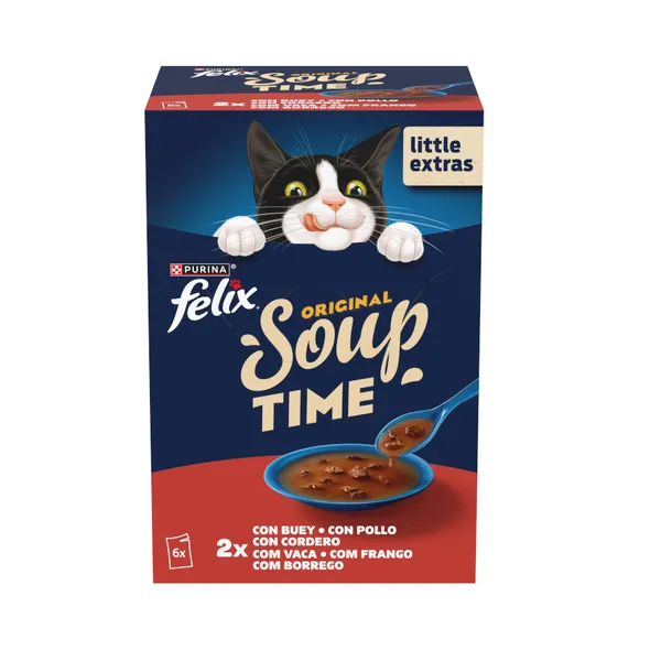 6 x 48 g Felix Cat Sopa de Buey, Pollo y Cordero para gatos