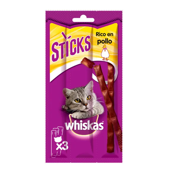 3 barritas Whiskas Sticks Snacks Pollo para Gatos
