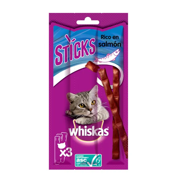 3 barritas Whiskas Sticks Snacks Salmón para Gatos