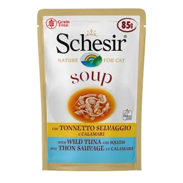 Schesir Pouch Gato de Soup Atún salvaje y calamares 85 gr