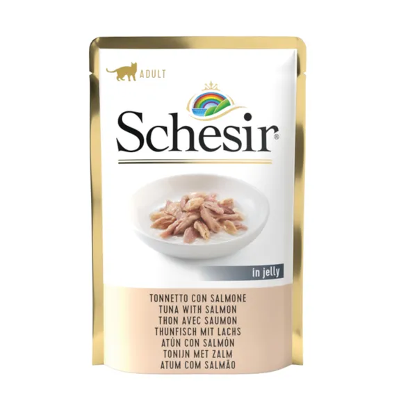 85 g Schesir Adult atún con salmón sobre para gatos.