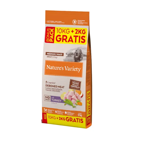 12 kg (10+2 kg ¡gratis!) Nature's Variety Adult Medium Maxi No Grain Pienso Pavo para perros