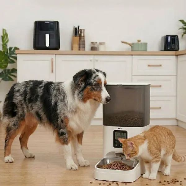 Leeby Comedero Automático Programable Blanco y Gris para perros y gatos