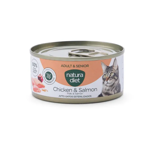 85 g Natura Diet Adult & Senior Pollo y salmón pata gatos