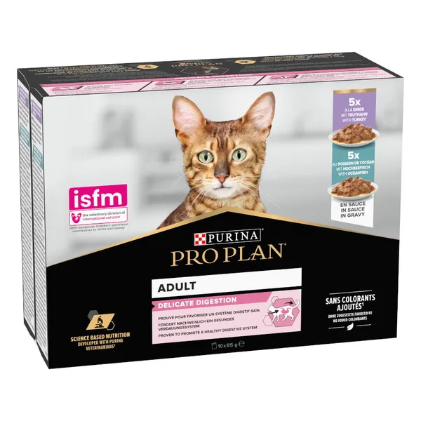 10 sobres x 85 g Pro Plan Adult Delicate Digestion Pavo y Pescado del Océano en Salsa sobre para gatos - Multipack