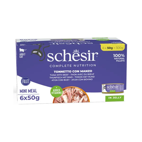 6 latas x 50 g Schesir Nature Atún y Filete de Buey en Gelatina lata para gatos