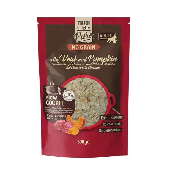 300 g True Origins Pure Adult Gently Coocked Ternera y Calabaza sobre para perros