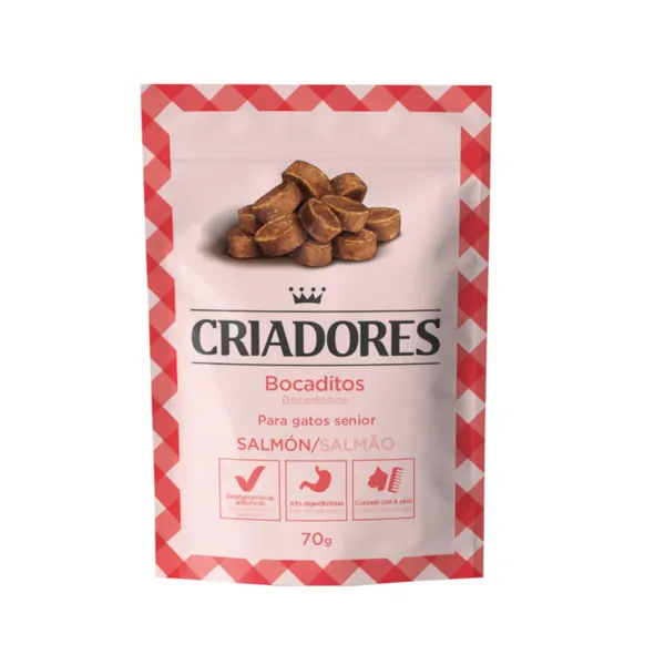 2 bolsitas x 70 g Criadores Bocaditos de Salmón snack para gatos senior ¡Pack ahorro!