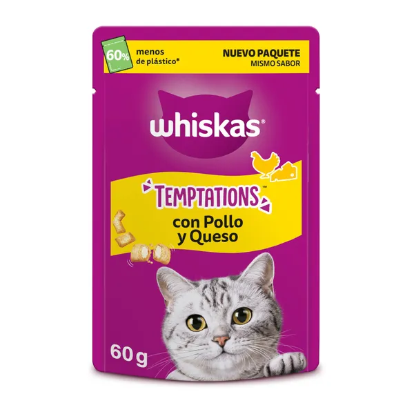 2 bolsitas x 60 g Whiskas Temptations Snacks Pollo y Queso para Gatos ¡Pack ahorro!