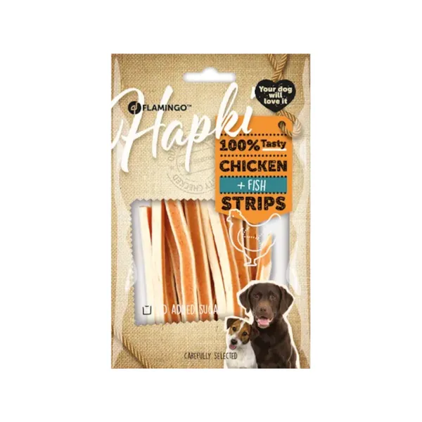 85 g Flamingo Tiras Hapki Pollo y Pez para perros