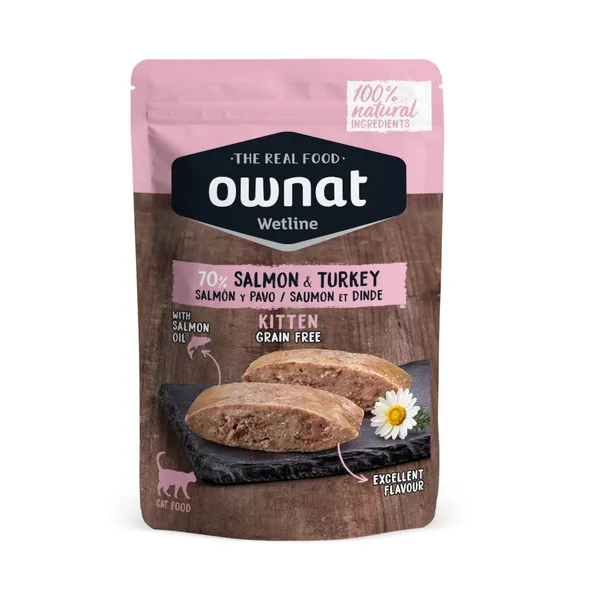 85 g Ownat Wetline Kitten Salmón y Pavo sobre para gatos