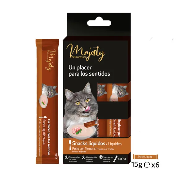 6 sobres x 15 g Majesty Pollo con Ternera snack líquido para gatos