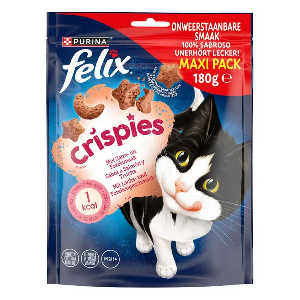 4 bolsitas x 180 g Felix Crispies Bocaditos de Salmón y Trucha Maxi para gatos ¡Pack Ahorro!