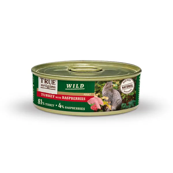 24 latas x 85 g True Origins Wild Adult Pavo y Frambuesas lata para gatos ¡Pack ahorro!