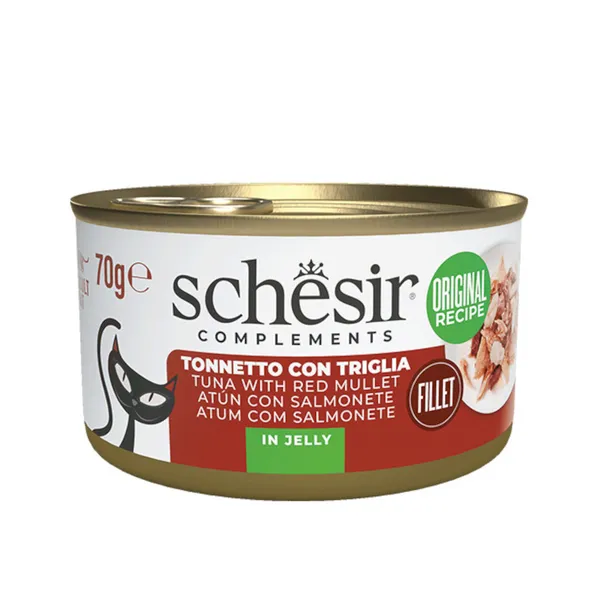 12 latas x 70 g Schesir Atún con Salmonete en Gelatina lata para gatos ¡Pack Ahorro!