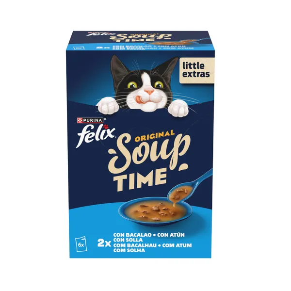 12 sobres x 48 g Felix Cat Sopa de Bacalao Atún y Solla para gatos ¡Pack Ahorro!