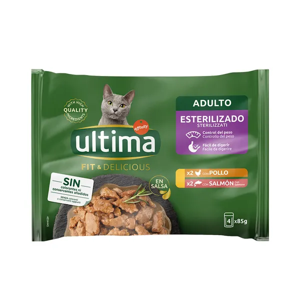 4 sobres x 85 g Afinity Ultima Fit & Delicious Pollo y Salmón sobre en salsa para gatos ¡Pack ahorro!