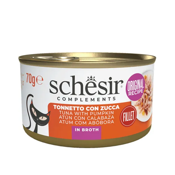 70 g Schesir Filete de Atún con Calabaza y Caldo de Pescado lata para gatos