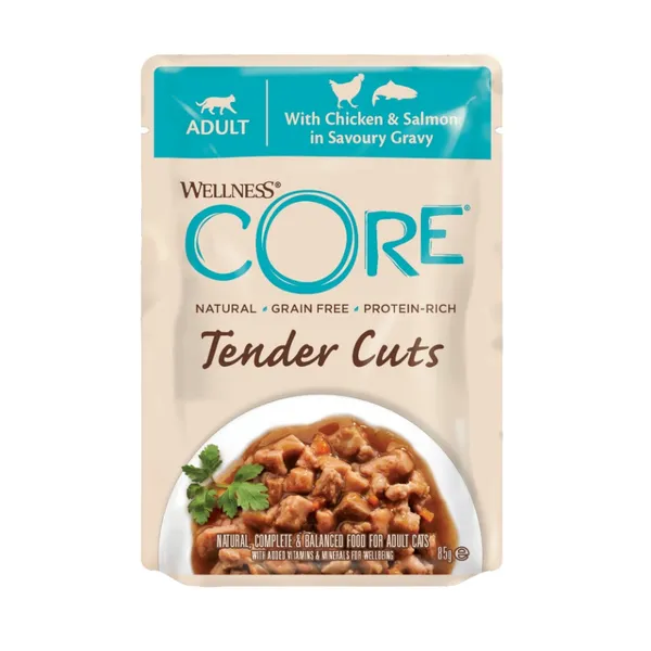48 sobres x 85 g Wellness Core Tender Cuts pollo y salmón sobre en salsa para gatos ¡Pack Ahorro!
