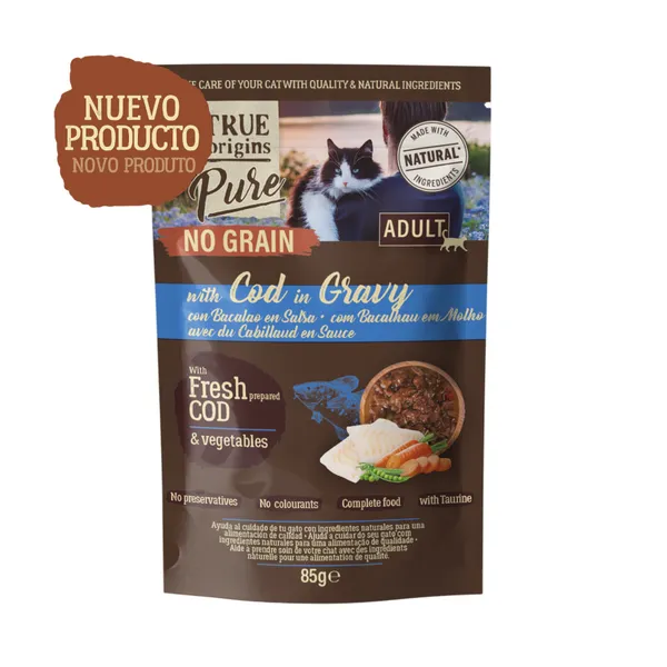 12 sobres x 85 g True Origins Pure No Grain Sobre con Bacalao para gatos ¡Pack Ahorro!