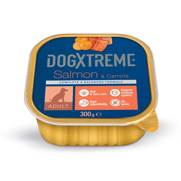12 tarrinas x 300 g Dogxtreme Adult Salmón y Zanahorias tarrina para perros ¡Pack ahorro!