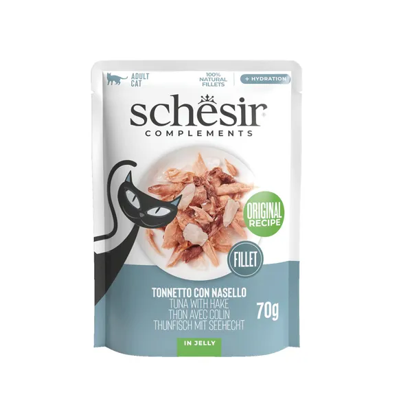 12 sobres x 70 g Schesir Atún con Merluza en Gelatina sobre para gatos ¡Pack Ahorro!