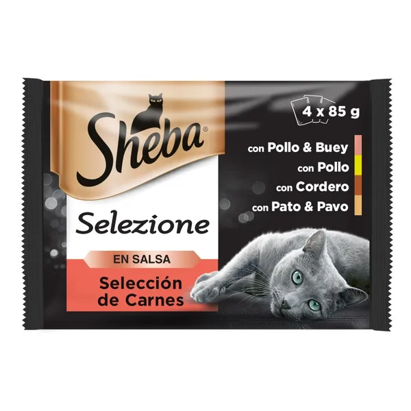 4 sobres x 85 g Sheba Selezione Carnes Salsa en Bolsita para Gatos