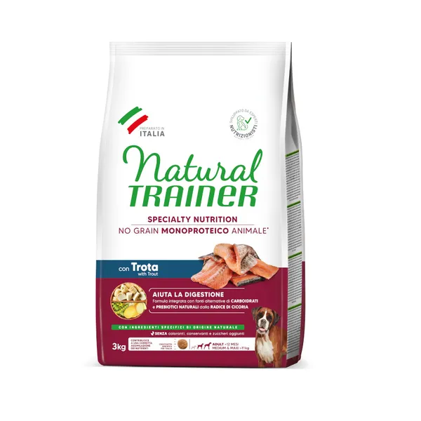 3 kg Natural Trainer Medium & Maxi Sensitive No Grain Trucha y Patatas pienso para perros