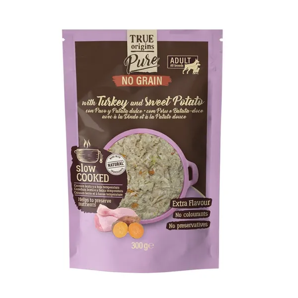 300 g True Origins Pure Adult Gently Coocked Pavo y Patata sobre para perros