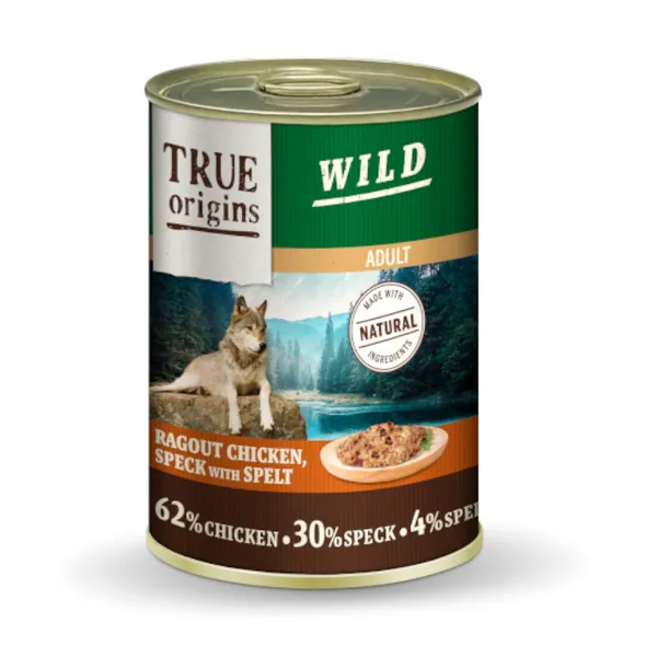 24 latas x 400 g True Origins Wild Adult Dados de Pollo con Speck y Espelta lata para perros ¡Pack ahorro!