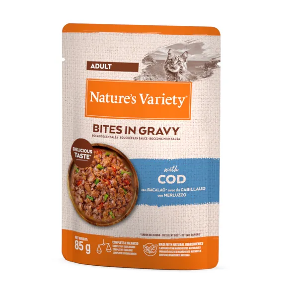 85 g Nature’s Variety Bocaditos de Bacalao en Salsa Sobre para gatos adultos