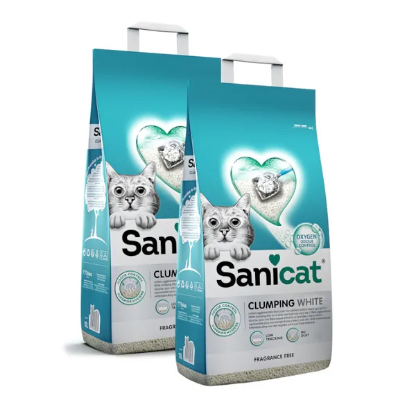 2 x 10 L Sanicat Clumping White Arena Blanca Aglomerante sin perfume para gatos ¡Pack ahorro!