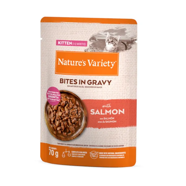 12 sobres x 70 g Nature’s Variety Kitten Bocaditos de Salmon Sobre en Salsa para gatos ¡Pack Ahorro!