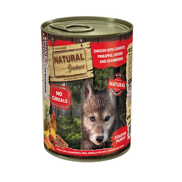400 g Natural Greatness Complet Range Ancestral Pollo con Zanahoria y Piña lata para perros