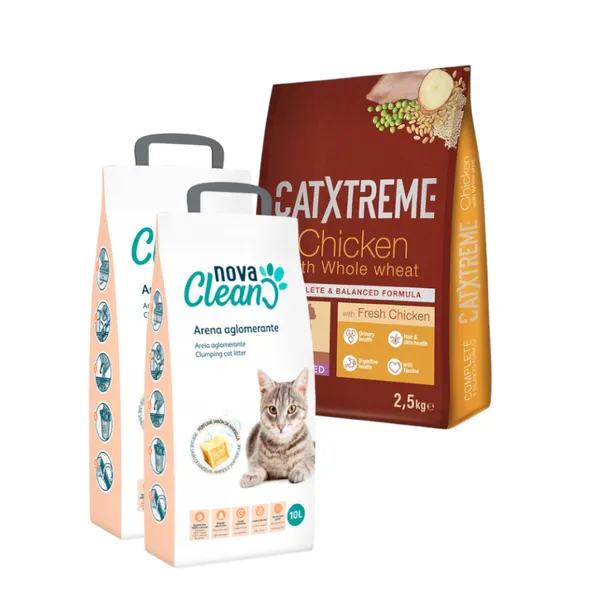 2.5 kg Pienso Catxtreme Pavo y Pollo + 20L Arena Aglomerante Nova Clean para gatos ¡Pack Ahorro!
