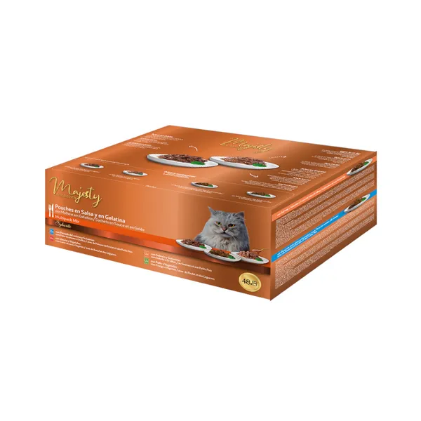 48 sobres x 100 g Majesty Multipack Sobres Gelatina y Salsa Mix Pescado y Carne para gatos
