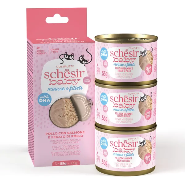 3 uds. x 55 g Schesir Lata Pollo y Salmón en Mousse y Filete para gatitos