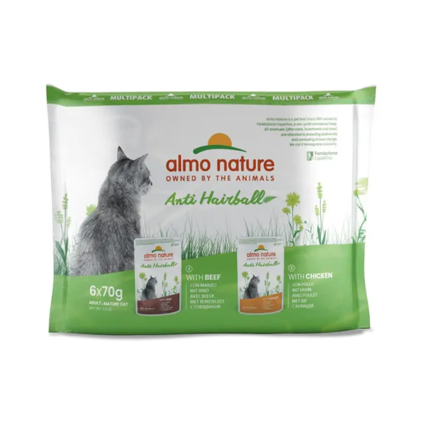 12 sobres x 70 g Almo Nature Anti Hairball Buey y Pollo sobre para gatos – Multipack ¡Pack Ahorro!