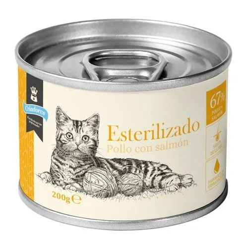 200 g Criadores Esterilizado Paté Pollo y Salmón lata para gatos