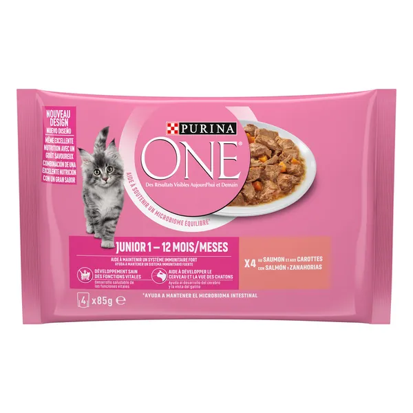 4 sobres x 85 g Purina One Junior Salmón sobre en salsa para gatos