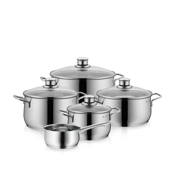 Batería de cocina Diadem Plus, set de 5 piezas, tapas de vidrio, acero inoxidable 18/10 WMF